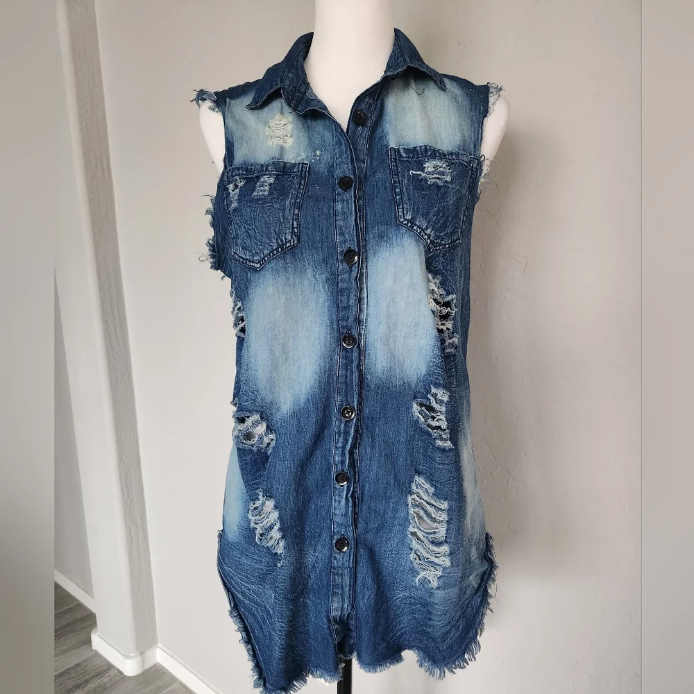 Thrill Jeans Sleeveless Denim Distressed Collared Top Shirt Blouse High Low Sz M - Picture 8 of 14